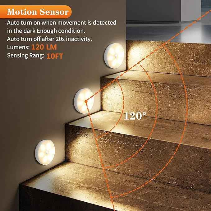 Warm Color LED Closet Lights Motion Sensor Puck Light, USB Rechargeable Battery