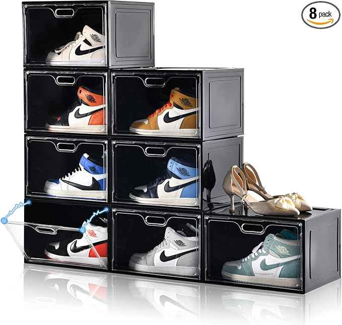 8 Pack Shoe Boxes Black Plastic Stackable, Large Shoe Storage Organizer