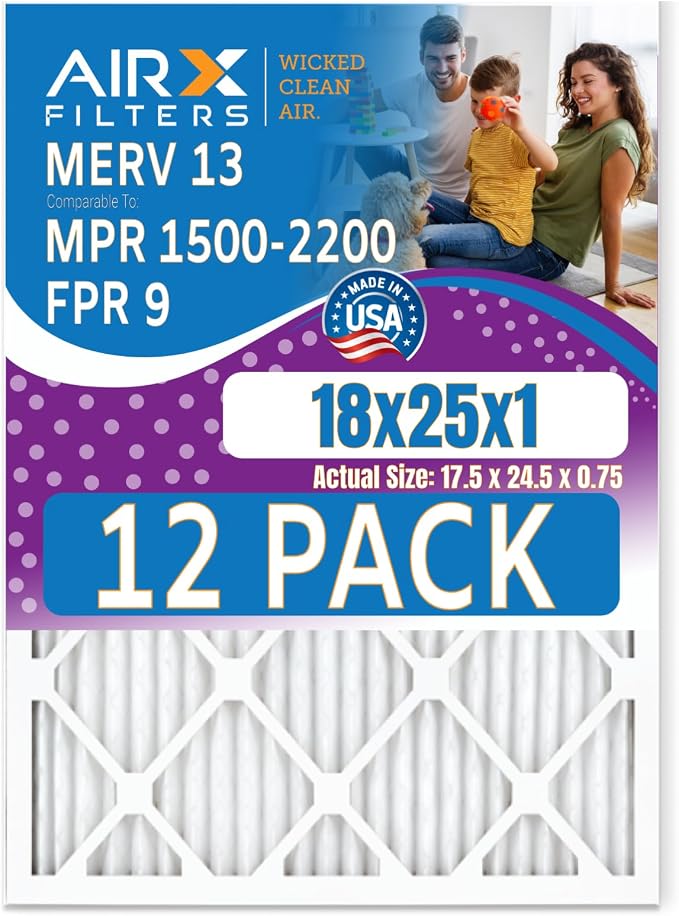 18x25x1 Air Filter MERV 13 Rating, 12 Pack of Furnace Filters Comparable to MPR by AIRXFILTERSWICKEDCLEANAIR