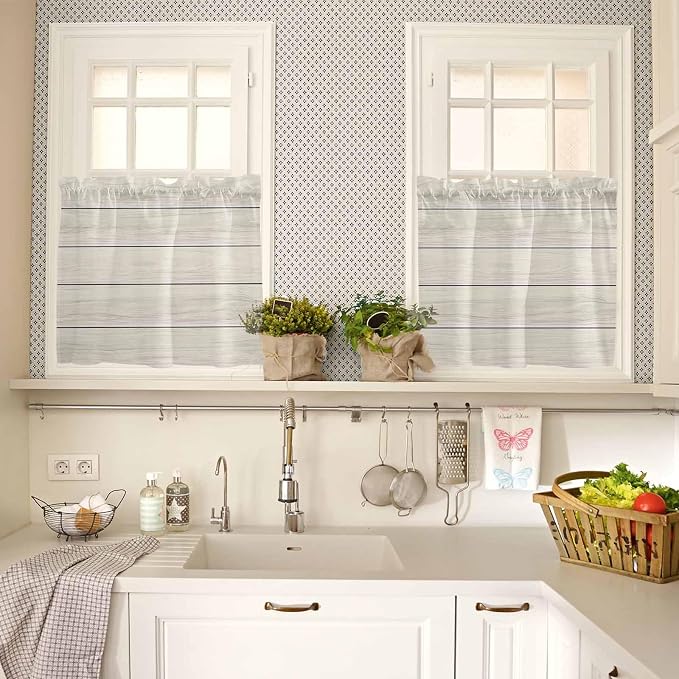 Vintage Country Wooden Board Window Valance Curtains, Gradient Wood Grain Line - Image 7