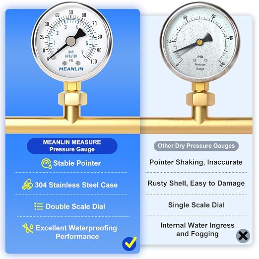 MEANLIN MEASURE 0~100Psi Dry Pressure Gauge Stainless Steel 1/4" NPT 2" FACE - Image 5