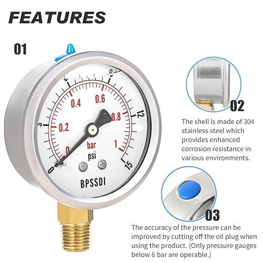 0-15 Psi Glycerin Liquid Filled Low Pressure Gauge, 2.5" Dial Size, 1/4" NPT - Image 4