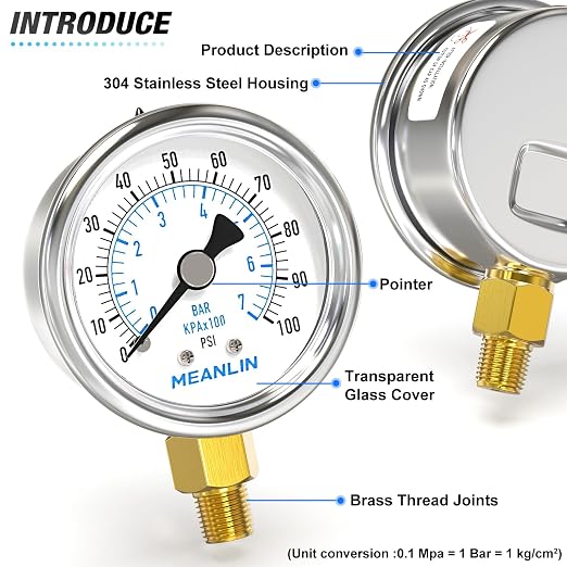MEANLIN MEASURE 0~100Psi Dry Pressure Gauge Stainless Steel 1/8" NPT 2" FACE - Image 4
