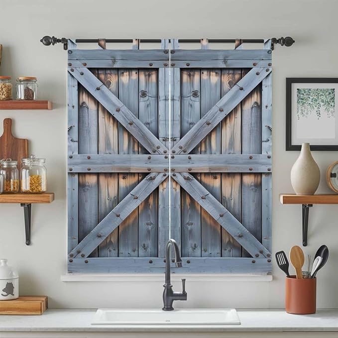Farmhouse Wood Grain Bathroom Curtains 63 Inch Length, Window Curtains Tab Top - Image 3