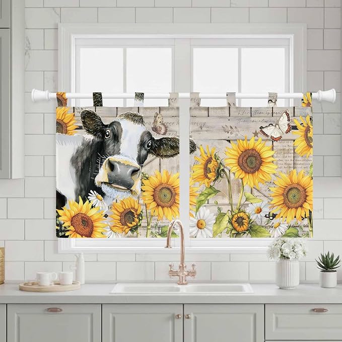 Yellow Sunflowers Kitchen Curtains 36 Inch Length, Small Window Curtains Tab Top - Image 3