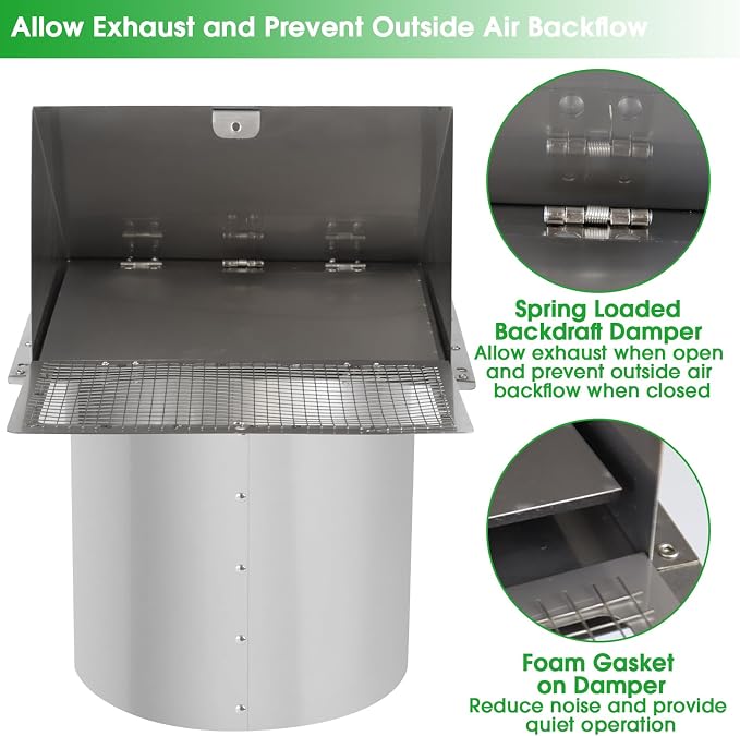 6 Inch Hooded Wall Vent with Screen and Damper, 6 Inch Exhaust Vent Cover Cap - Image 4