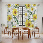 Yellow Daisy Kitchen Curtains, Farmhouse Country Flower Leaf Plant Wood Grain - Image 2