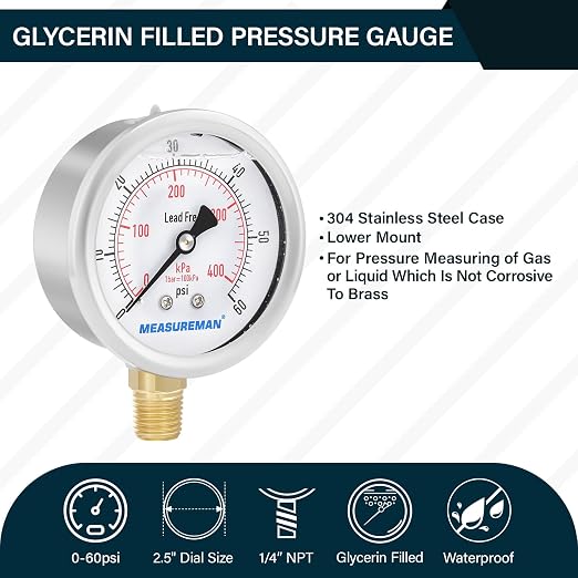 MEASUREMAN Lead-Free Pressure Gauge, 2-1/2inch Dial, Glycerin Filled, - Image 2