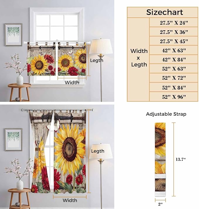 Sunflowers Bedroom Curtains 72 Inch Length, Window Curtains Tab Top, Retro - Image 8