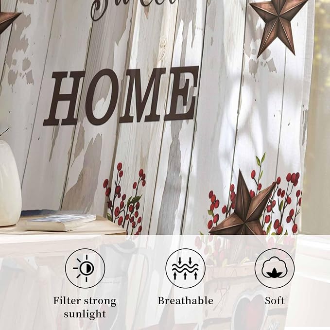 Farmhouse Sheer Curtains 63 Inch Length Retro Country Star Berry Vintage Wood - Image 2