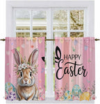 Easter Kitchen Curtains, Spring Rabbit Eggs Flowers Flags Leaves Wood Grain - Image 2