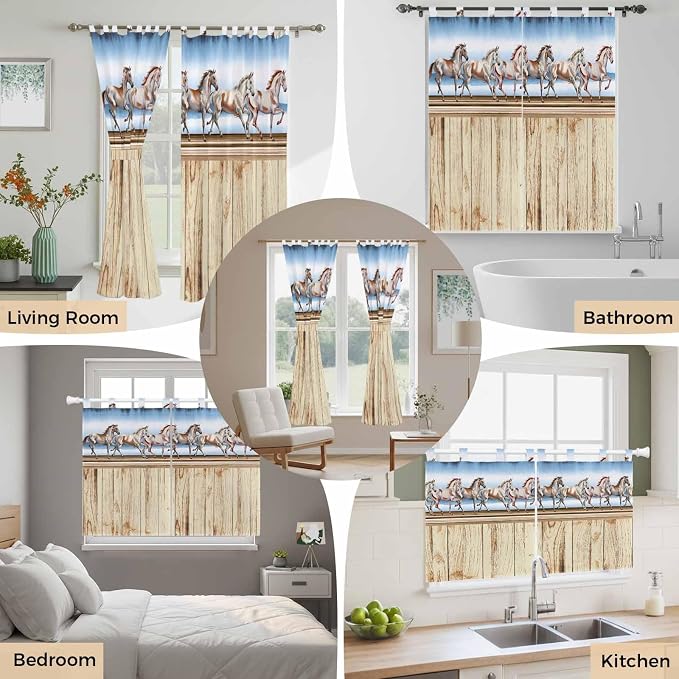 Western Horse Kitchen Curtains 45 Inch Length, Short Cafe Window Curtains Tab - Image 7