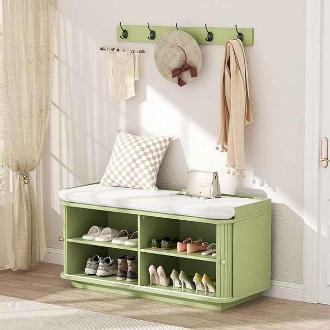Hall Tree with Bench and Shoe Storage, Entryway Bench with Sliding Door Cabinet