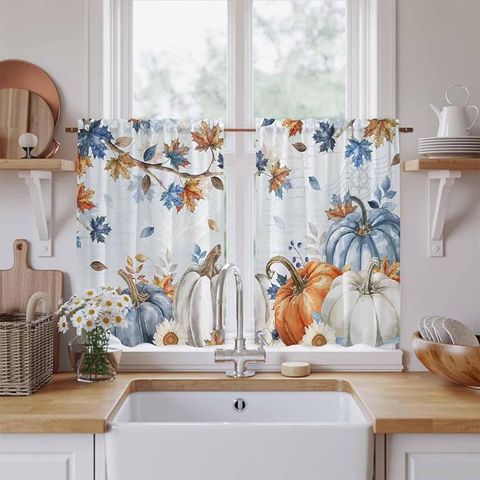 Fall Blue Maple Kitchen Curtains 54 Inch Long 2 Panel Set, Rod Pocket Window by Unknown