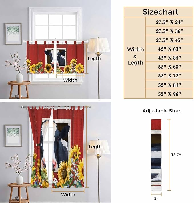Cow Sunflowers Living Room Curtains 84 Inch Length, Window Curtains Tab Top - Image 8