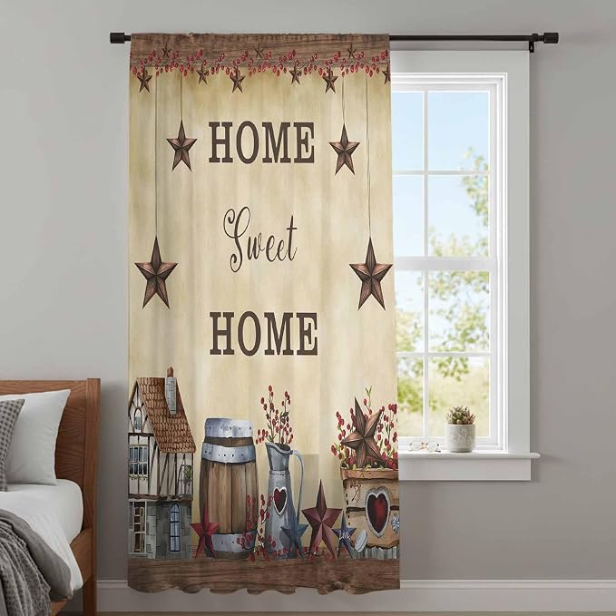 Farm Sheer Curtains 84 Inch Length American Country Barn Star Vintage Berry - Image 4