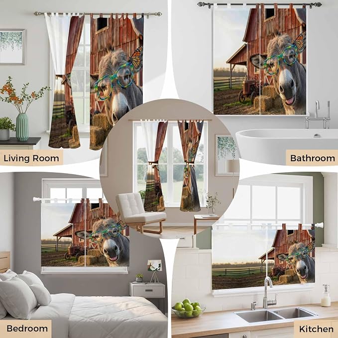 Farm Donkeys Kitchen Curtains 36 Inch Length, Small Window Curtains Tab Top - Image 7