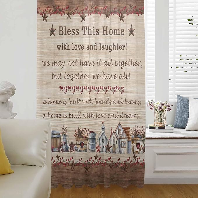 Farmhouse Sheer Curtains 84 Inch Length Brown Country Star Berry Vintage Wood by Unknown