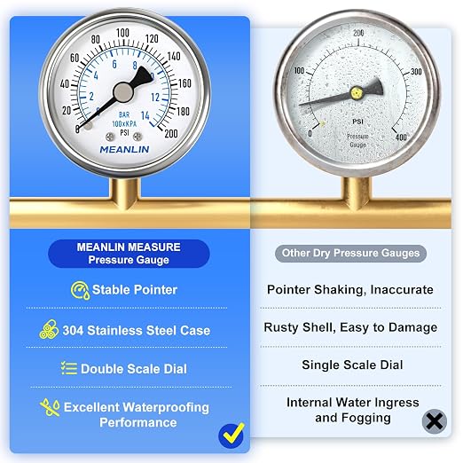 MEANLIN MEASURE 0~200Psi Dry Pressure Gauge Stainless Steel 1/4" NPT 2" FACE - Image 5