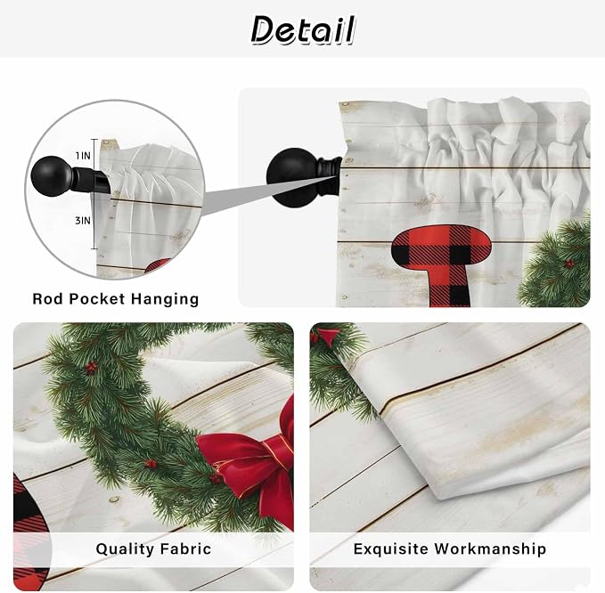 Christmas Wreaths Kitchen Curtains 45 Inch Long 2 Panel Set, Rod Pocket Window - Image 9