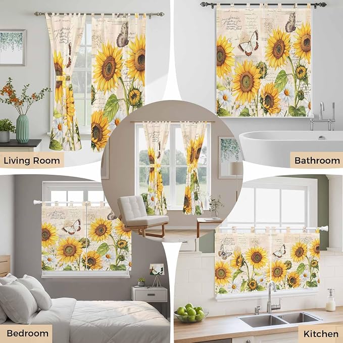 Yellow Sunflowers Kitchen Curtains 24 Inch Length, Small Window Curtains Tab Top - Image 7