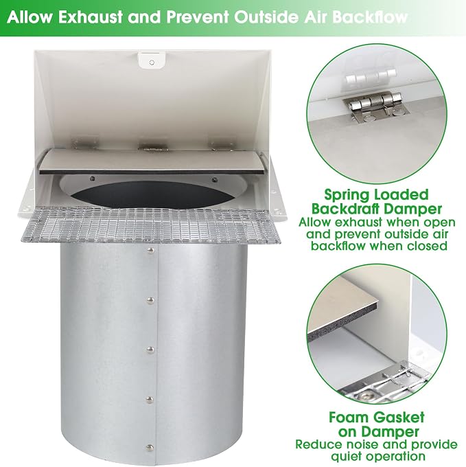 8 Inch Hooded Wall Vent with Screen and Damper, Outdoor Wall Exhaust Vent Cover - Image 5