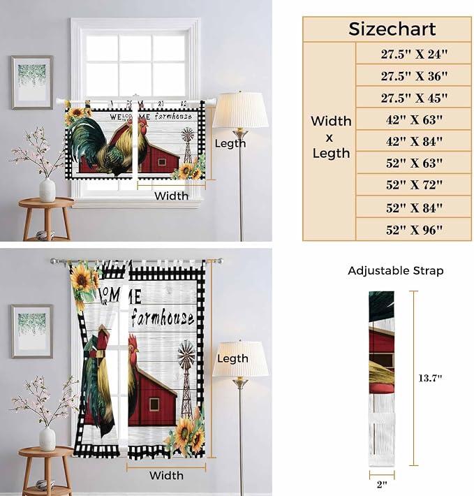 Farmhouse Rooster Kitchen Curtains 45 Inch Length, Short Cafe Window Curtains - Image 8