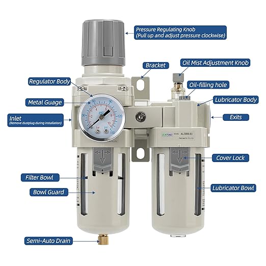 3/8" NPT Compressed Air Filter Regulator Lubricator Combination, Water/Oil Trap - Image 2