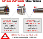 2 Pcs 304 Stainless Steel Reducer Hex Bushing, 3/4" Male NPT to 1/4" Female - Image 2