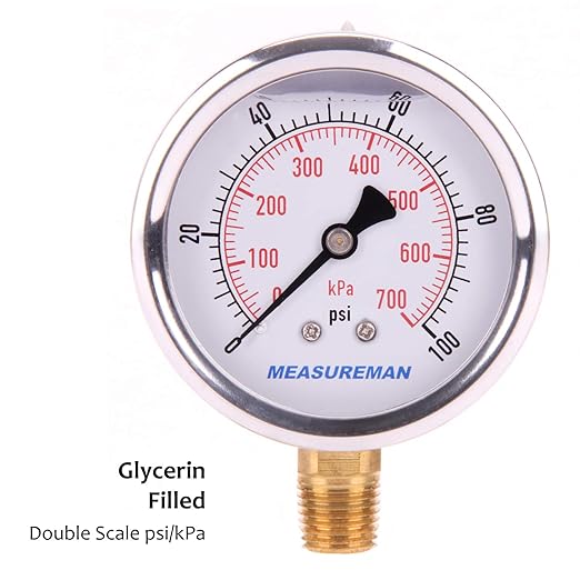 MEASUREMAN Pressure Gauge 1/4 NPT, 0-100psi/kPa Glycerin Filled Pressure Gauge - Image 2