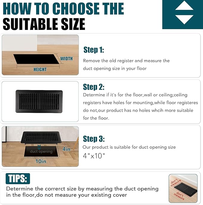 VOISEN Floor Register 4x10, 6 Pack Black Floor Vent Covers, Heavy Duty Steel - Image 4