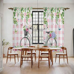 Spring Kitchen Curtains, Bicycles Leaves Butterfly Flowers Pink Buffalo Plaid - Image 2