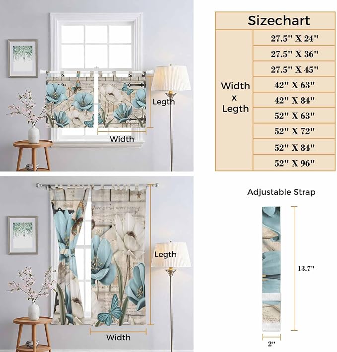 Teal Blue Tulips Kitchen Curtains 36 Inch Length, Small Window Curtains Tab Top - Image 8