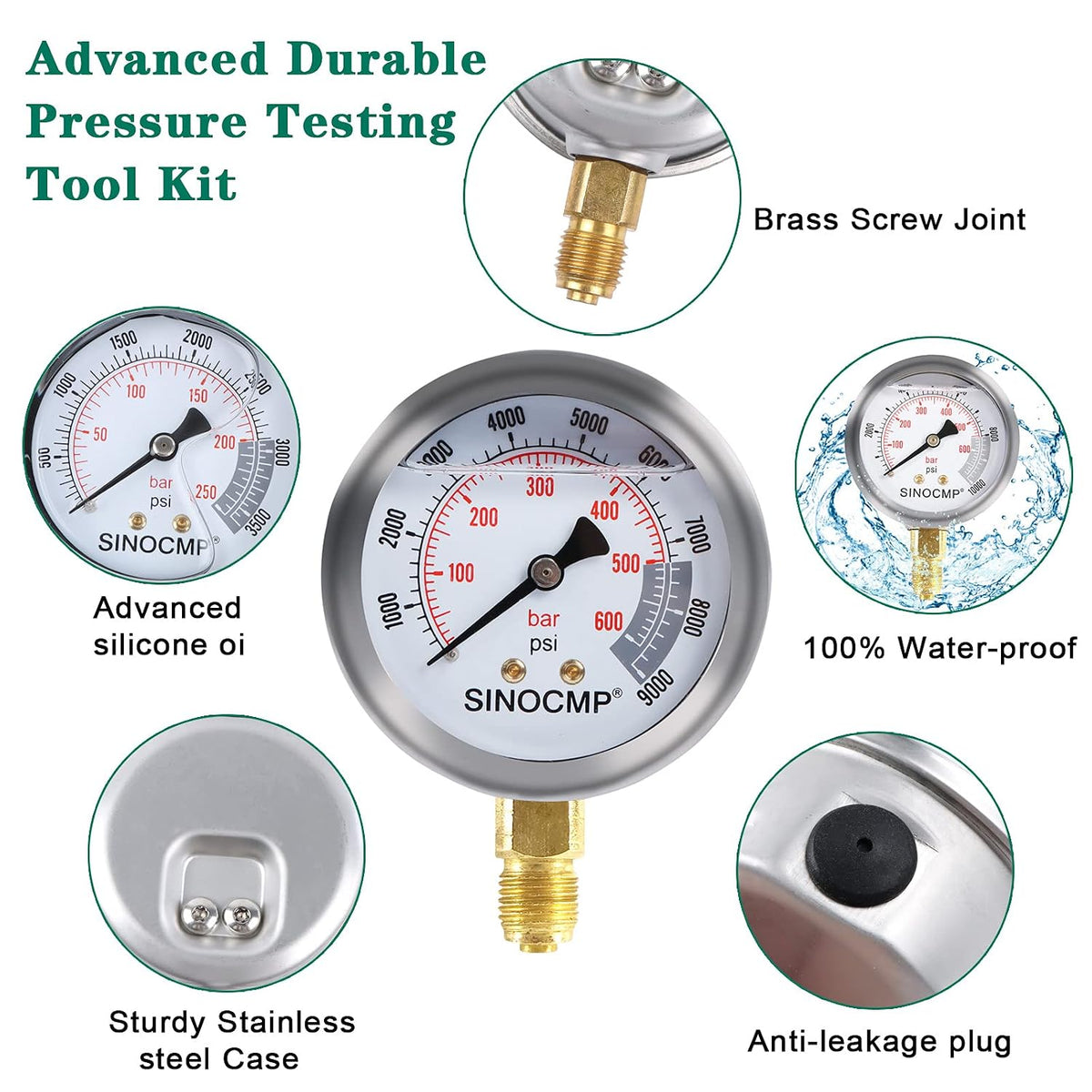 Hydraulic Pressure Gauge Kit 3Pcs 25MPa 40MPa 60MPa with Test Hoses