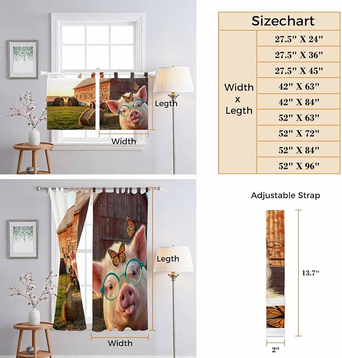 Farm Pig Bathroom Curtains 63 Inch Length, Window Curtains Tab Top, Farmhouse - Image 8
