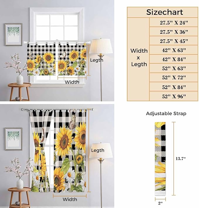 Sunflowers Kitchen Curtains 24 Inch Length, Small Window Curtains Tab Top - Image 8
