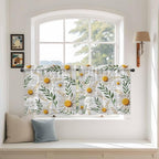 Spring Daisy Tier Curtains, Farmhouse Country Flower Leaf Plant Wood Grain - Image 3