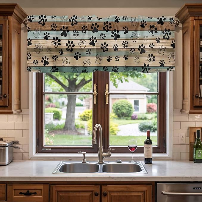 Dog Paws Valance Curtains for Kitchen, Teal Brown Wood Grain Privacy Rod Pocket - Image 3