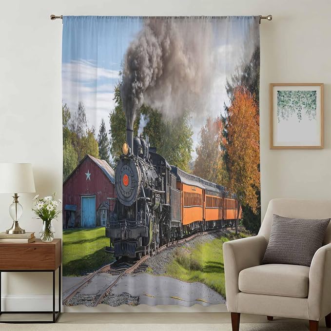 Steam Train Sheer Curtains 96 Inch Length Railroad Country Barn Rustic Trees - Image 3