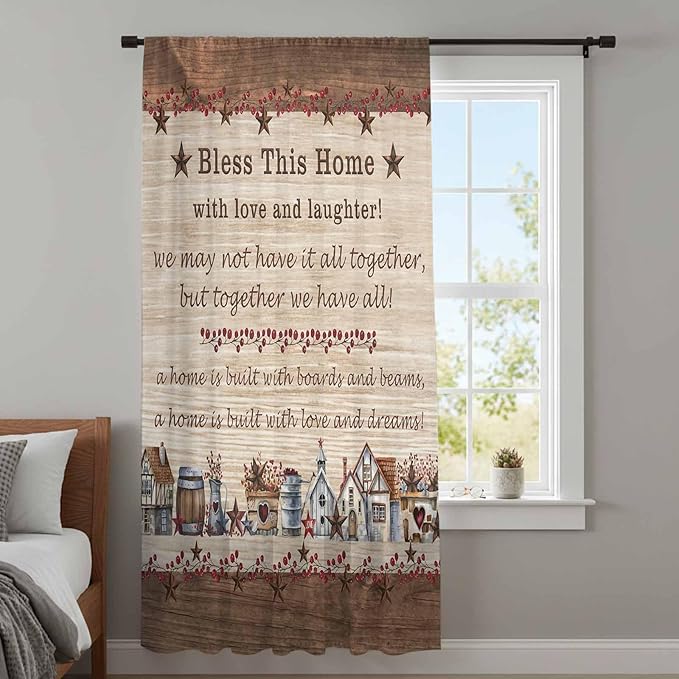 Farmhouse Sheer Curtains 63 Inch Length Brown Country Star Berry Vintage Wood - Image 4