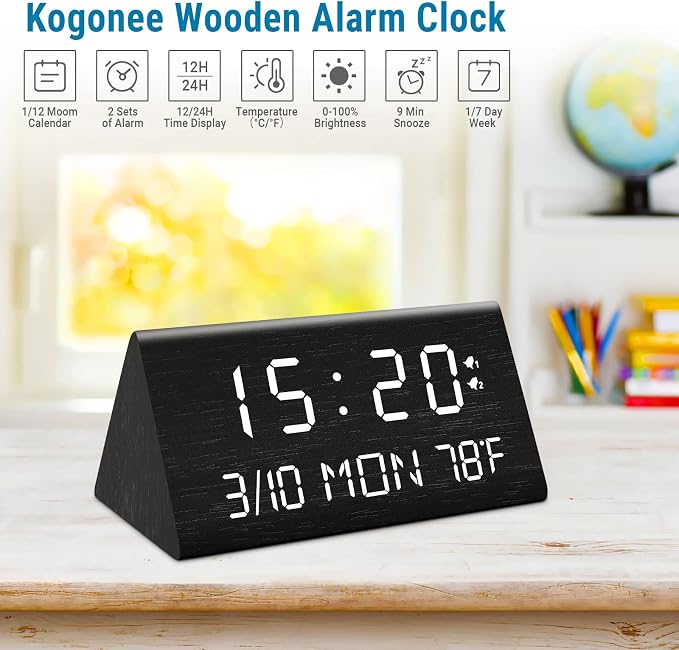 Kogonee Wooden Digital Alarm Clock, 0-100% Dimmer, 2 Alarm Settings, - Image 7