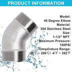 45 Degree Elbow 1PCS, 1-1/2" NPT Male X 1-1/2" NPT Male 304 Stainless Steel - Image 3