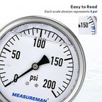 MEASUREMAN Glycerin Filled Plumbing Pressure Gauge 0-200psi Stainless Steel Case - Image 4