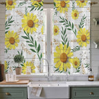 Yellow Daisy Kitchen Curtains, Farmhouse Country Flower Leaf Plant Wood Grain - Image 2