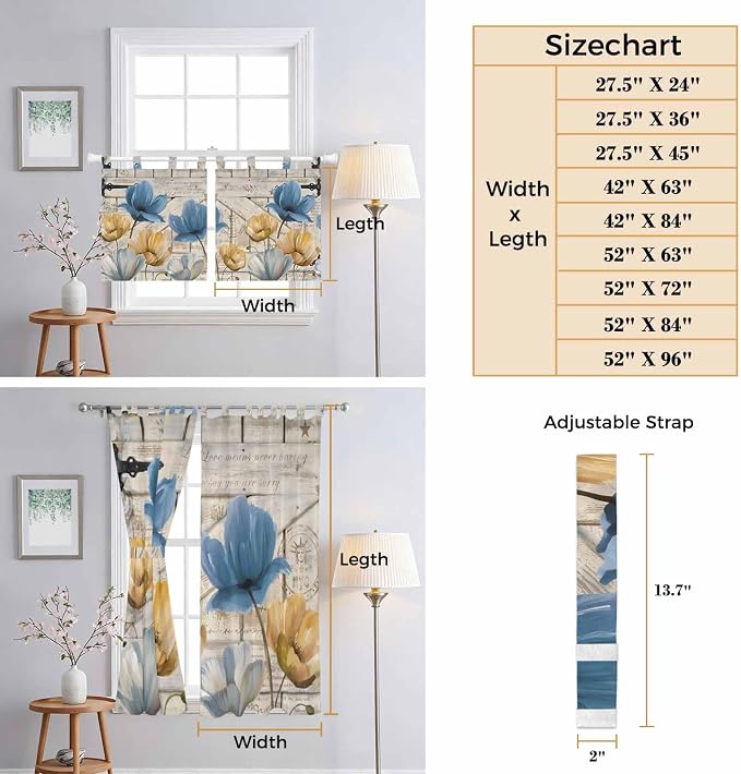 Blue Yellow Tulips Kitchen Curtains 36 Inch Length, Small Window Curtains Tab - Image 8