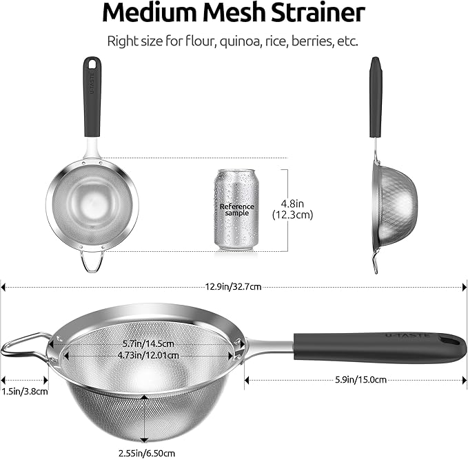 U-Taste Medium Fine Mesh Strainer: 18/8 Stainless Steel 4.73in 30 Mesh Kitchen - Image 2