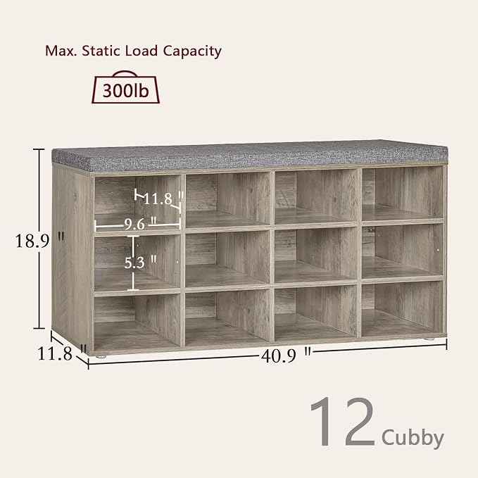 DINZI LVJ Shoe Bench, 12 Cubbies Shoe Organizer