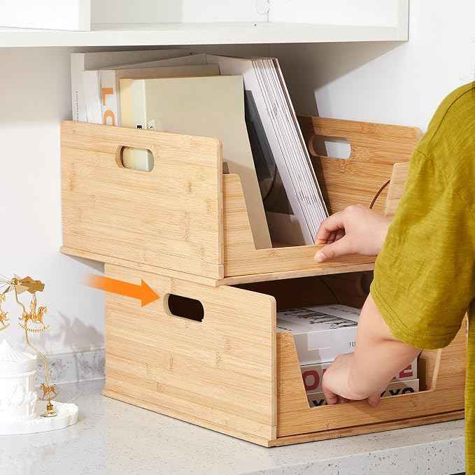 2 Pack Bamboo Pantry Organizers Storage Bins Large Stackable Open Front Potato