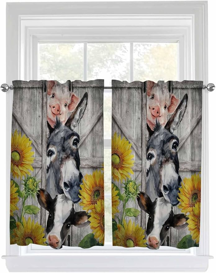 Farmhouse Kitchen Curtains 54 Inches Length, Vintage Sunflowers Animals Printed by Unknown