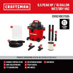 CRAFTSMAN CMXEVBE17595 16 Gallon 6.5 Peak HP Wet Dry Vac, Heavy-Duty Shop - Image 3